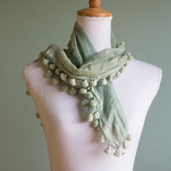 Matta Accessories - Matta 50/50 Silk and Cotton Mint Green Pom Scarf